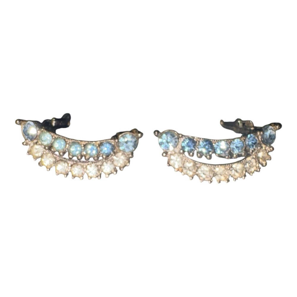 BOGOFF Blue & Clear Rhinestone Curved Clip-On Earrings Vintage J41